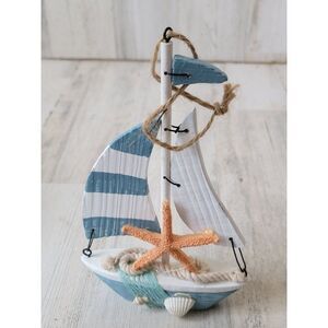 Wooden sail boat blue starfish glitter shell large ornament xmas
